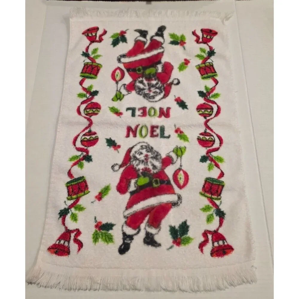 Vintage Santa Claus Christmas Hand Tea Dish Towels Set of 3 White *FLAWS